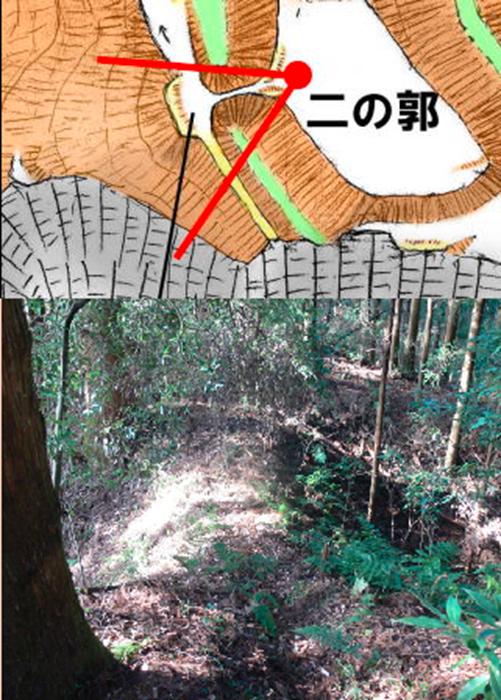 写真(1)-加園城の土橋、その先が馬出し 写真(1)-加園城の土橋、その先が馬出し
